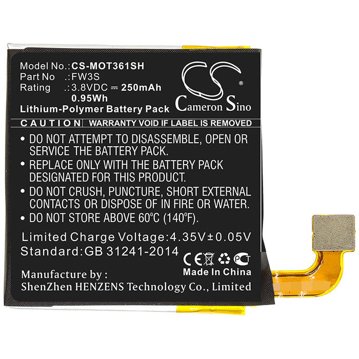 CS-MOT361SH : Battery for Motorola Moto 360 2nd, Moto 360 2rd - Replaces Motorola FW3S