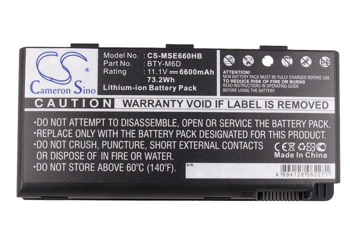 CS-MSE660HB : Battery for MSI GX780R, GX780R-i548LW7P, GX780R-024CS and others - Replaces MSI BTY-M6D