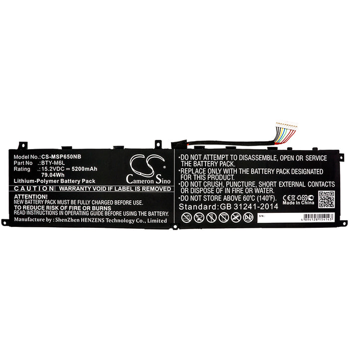 CS-MSP650NB : Battery for MSI GS65, GS65 Stealth Thin, GS65 Stealth Thin 9RE-051US and others - Replaces MSI BTY-M6L