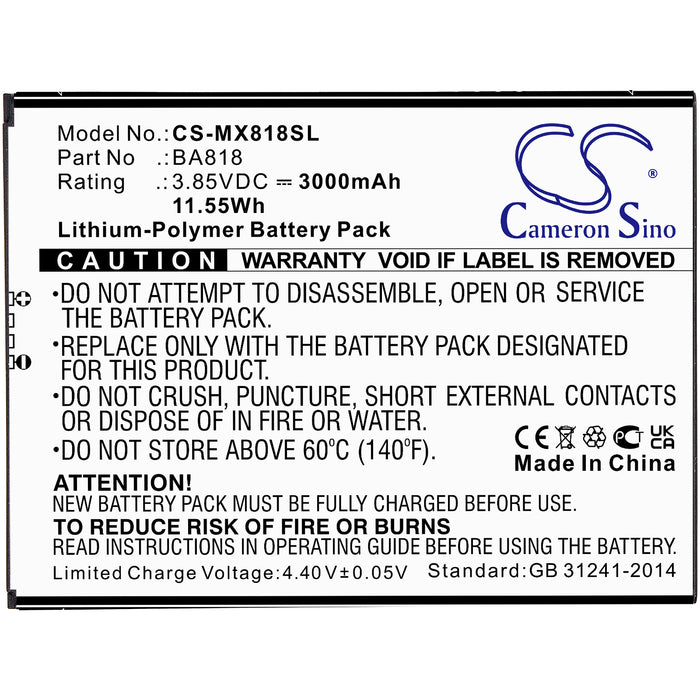 CS-MX818SL : Battery for Meizu C9, M818H, C9 Pro and others - Replaces Meizu BA818