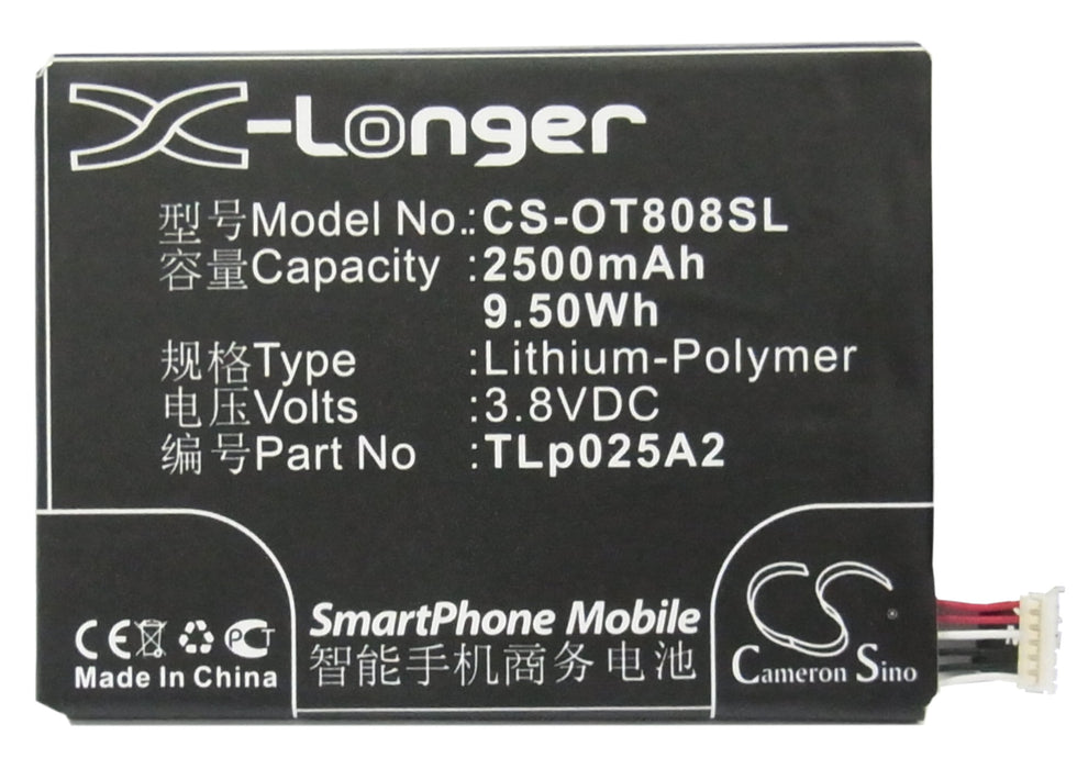 CS-OT808SL : Battery for Alcatel OT-8008D, One Touch Scribe HD, OT-8008X and others - Replaces Alcatel TLp025A2, TLp025A4, CAC2500013C2