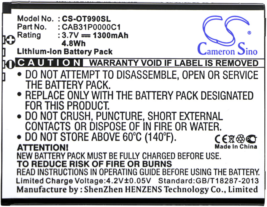 CS-OT990SL : Battery for T-Mobile Move - Replaces T-Mobile CAB31P0000C1, CAB31P0001C1, TB-4T0058200