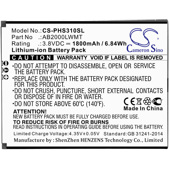 CS-PHS310SL : Battery for Philips Xenium CTS310X, Xenium S310X - Replaces Philips AB2000LWMT