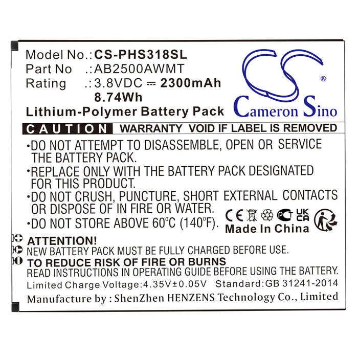 CS-PHS318SL : Battery for Philips Xenium S318, CTS318 - Replaces Philips AB2500AWMT