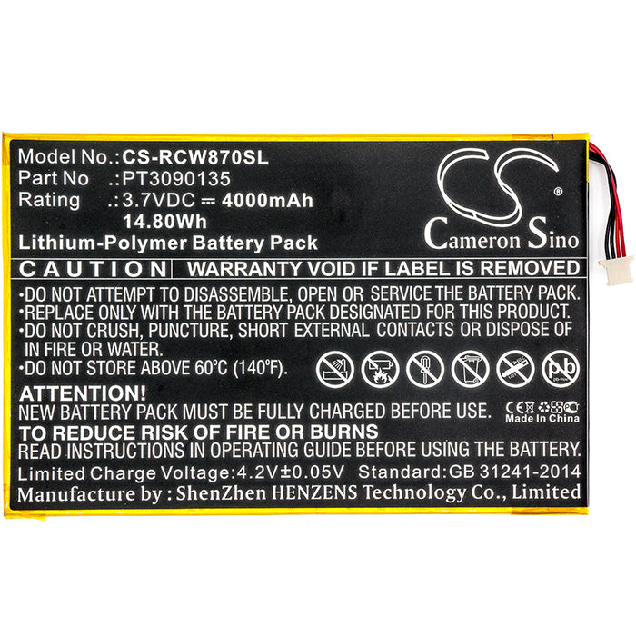 CS-RCW870SL : Battery for RCA Galileo Pro 11.5", RCT6513W87, Viking Pro 10 and others - Replaces RCA PT3090135