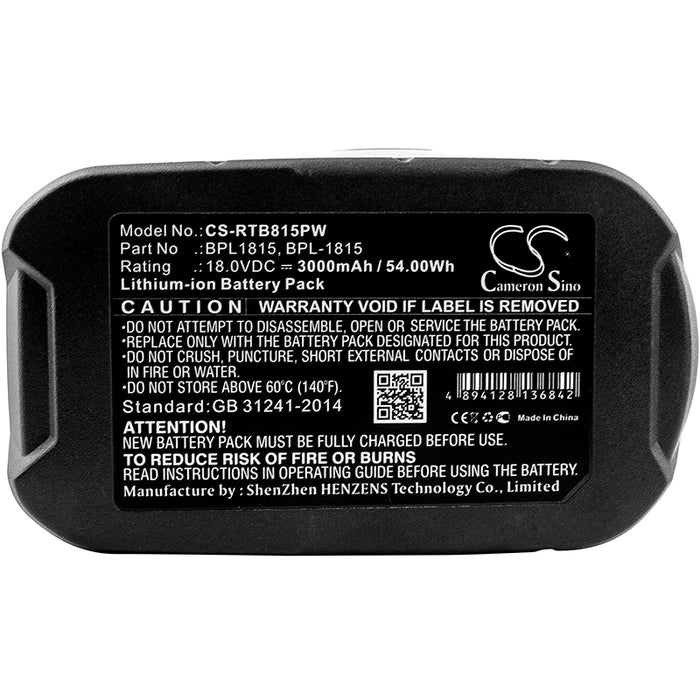 CS-RTB815PW : Battery for Ryobi ONE+ 18 Volt Cordless Tools, BID-1801M, BID-180L and others - Replaces Ryobi BPL1815, BPL-1815, BPL-1820G and others