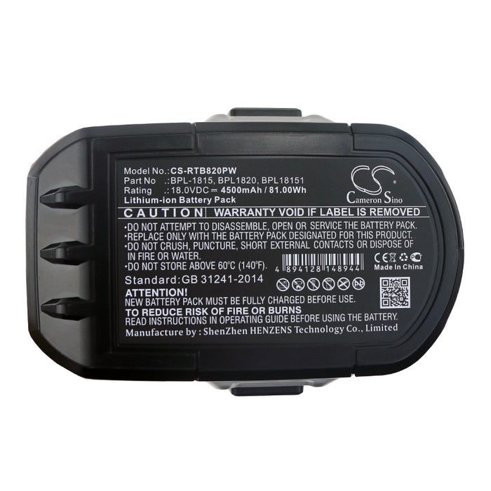 CS-RTB820PW : Battery for Ryobi ZRP813, BID-1801M, BID-180L and others - Replaces Ryobi BPL-1815, BPL18151, BPL1820 and others