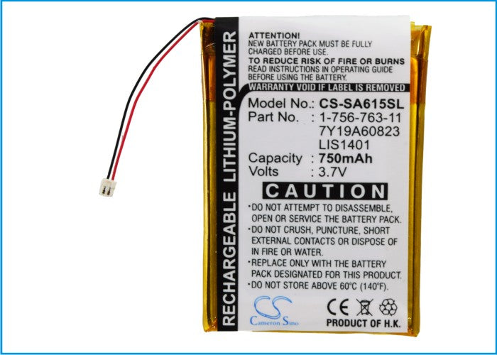 CS-SA615SL : Battery for Sony NWZ-S600, NWZ-S600F, NWZ-S610 and others - Replaces Sony 1-756-763-11, LIS1401, 7Y19A60823