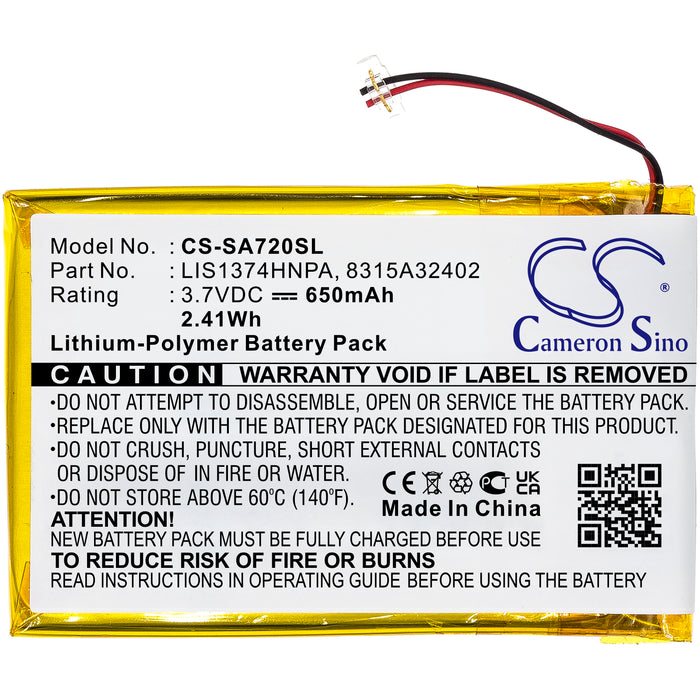 CS-SA720SL : Battery for Sony NWZ-A720, NWZ-A728, NWZ-820 and others - Replaces Sony 1-756-702-11, LIS1374HNPA, 8315A32402 and others