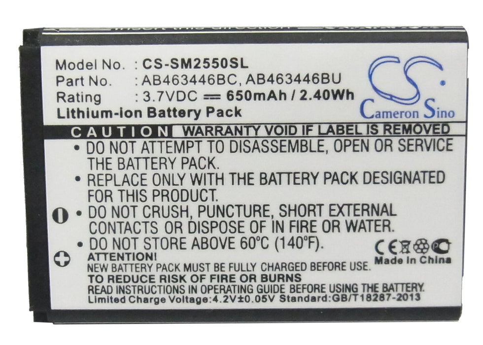 CS-SM2550SL : Battery for Samsung GT-E2520, GT-M2510, GT-E1150 and others - Replaces Samsung AB463446BC, AB463446BU