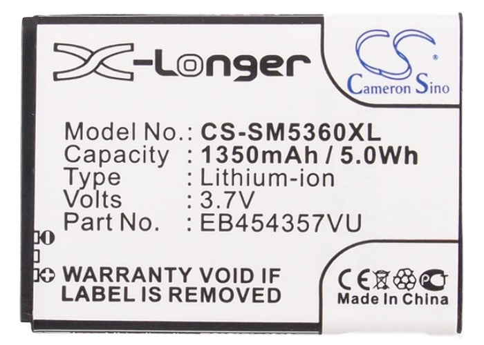 CS-SM5360XL : Battery for Samsung GT-S5360, Galaxy Y, GT-S5380 and others - Replaces Samsung EB454357VU, EB454357VA