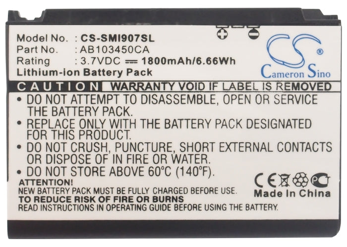 CS-SMI907SL : Battery for Samsung Epix SGH-i907, Blackjack SGH-i607, BlackJack i607 and others - Replaces Samsung AB103450CA