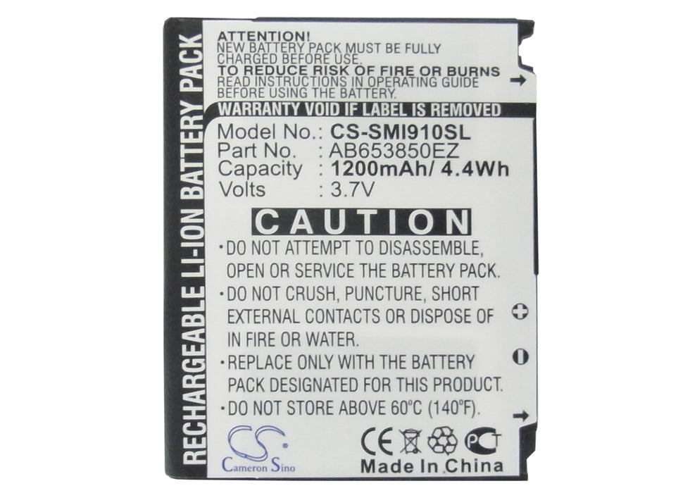 CS-SMI910SL : Battery for Verizon Omnia i910 - Replaces Samsung AB653850EZBSTD, AB653850EZ, AB663450EZ and others