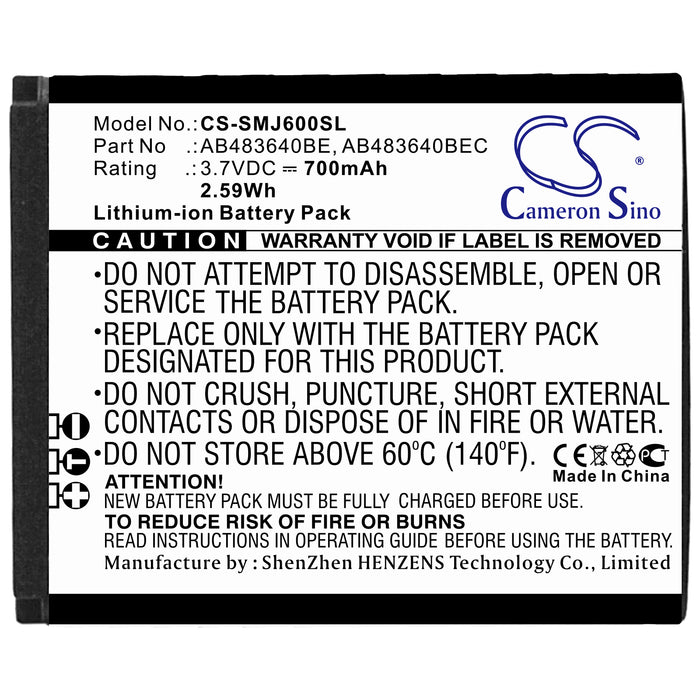 CS-SMJ600SL : Battery for Samsung SGH-J600, SGH-J610, SGH-J608 and others - Replaces Samsung AB483640BE, AB483640BEC, BST3108BC and others