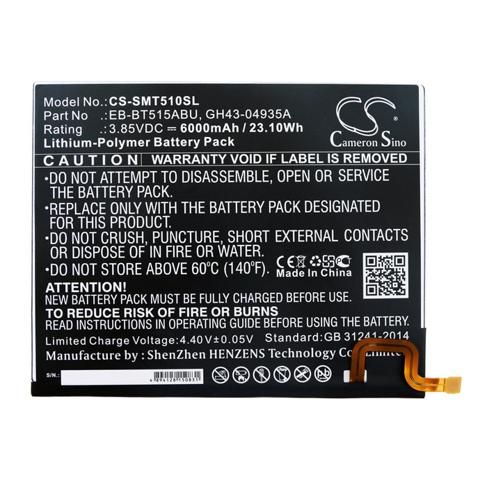 CS-SMT510SL : Battery for Samsung SM-T510, SM-T515, Galaxy Tab A 2019 and others - Replaces Samsung EB-BT515ABU, GH43-04936A, GH43-04935A