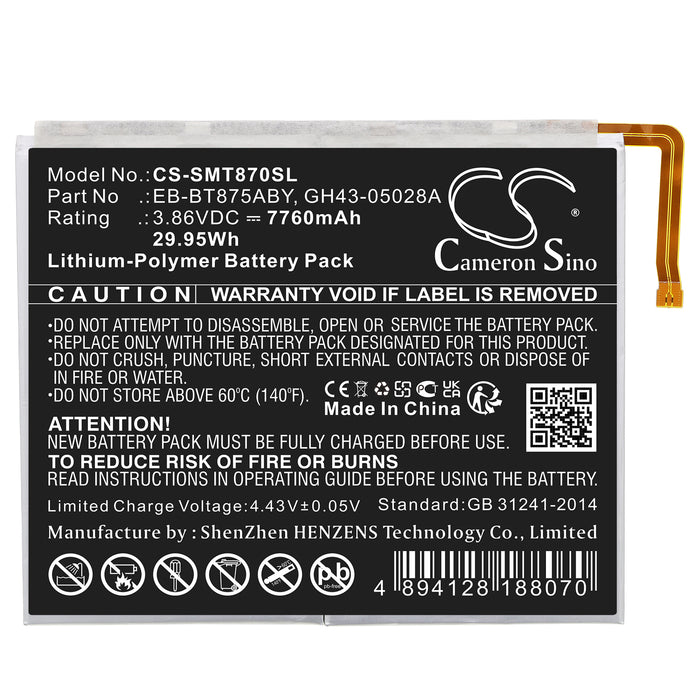 CS-SMT870SL : Battery for Samsung SM-T870, SM-T875N, Galaxy Tab S7 11.0 and others - Replaces Samsung EB-BT875ABY, GH43-05028A