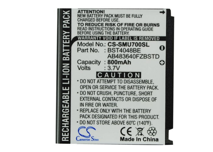 CS-SMU700SL : Battery for Samsung SGH-U700, SGH-U700v, SGH-U708 and others - Replaces Samsung AB483640CU, AB603443CE, AB603443CUCSTD