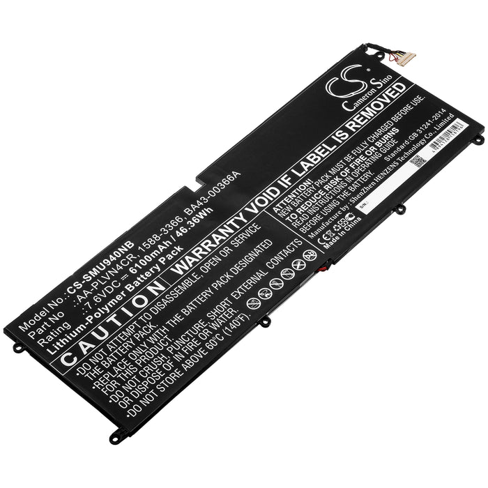 CS-SMU940NB : Battery for Samsung Ultrabook 940X3G - Replaces Samsung AA-PLVN4CR, 1588-3366, BA43-00366A