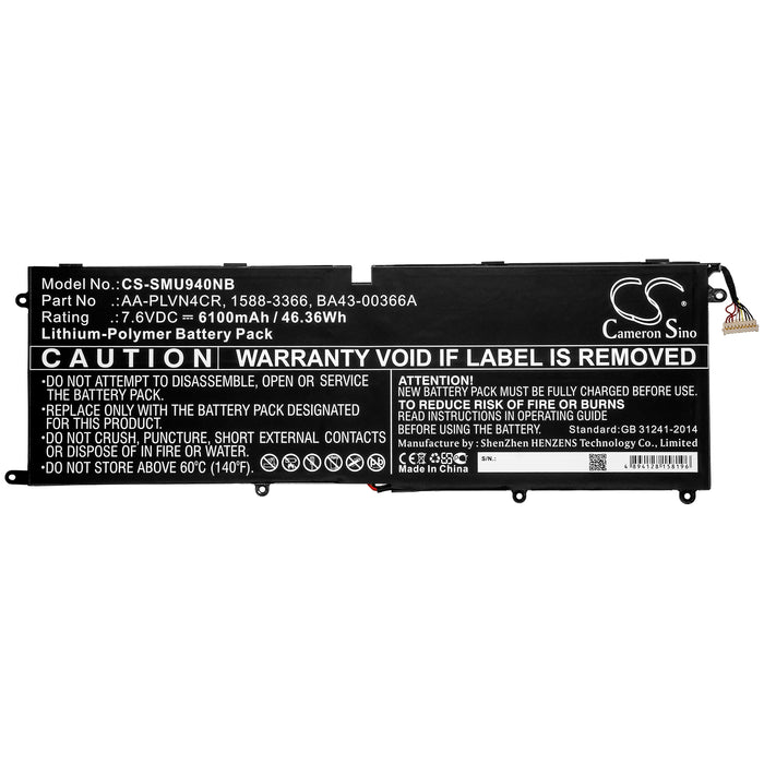 CS-SMU940NB : Battery for Samsung Ultrabook 940X3G - Replaces Samsung AA-PLVN4CR, 1588-3366, BA43-00366A