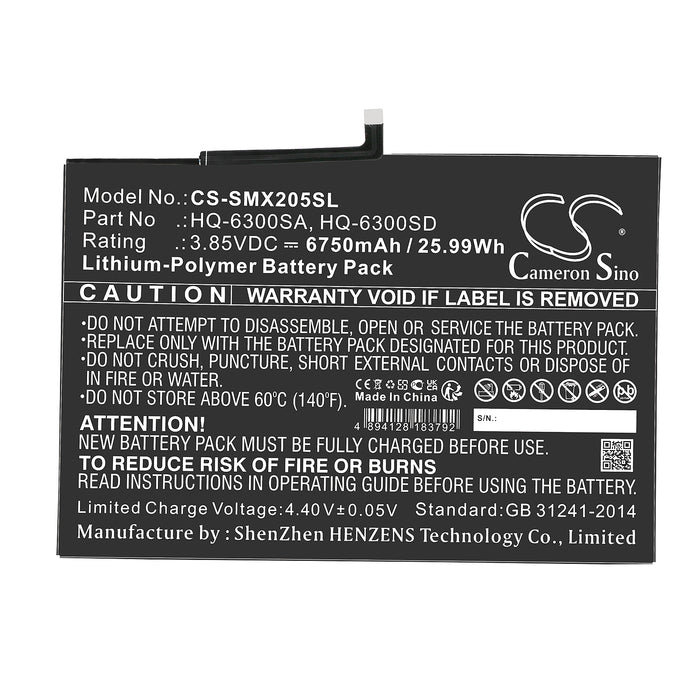 CS-SMX205SL : Battery for Samsung Tab A8 10.5, SM-X200, SM-X205 - Replaces Samsung HQ-6300SA, HQ-6300SD