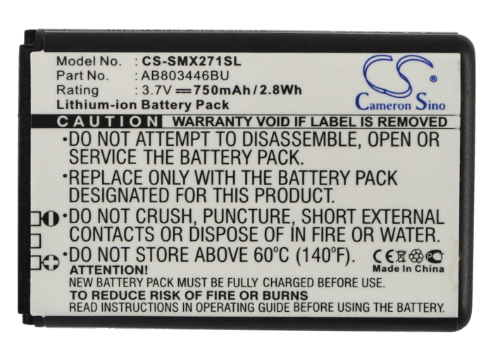 CS-SMX271SL : Battery for Samsung GT-B2710, xcover 271, B2710 Solid - Replaces Samsung AB803446BU, AB803446BA