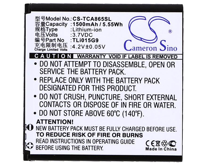 CS-TCA865SL : Battery for TCL J320C, J320T, A865 - Replaces TCL TLi015G9, TLi015B1