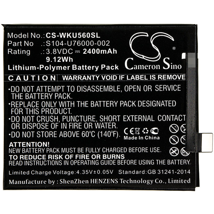 CS-WKU560SL : Battery for Wiko U Feel, U Feel Lite, U Feel Lite 4G and others - Replaces Wiko S104-U76000-002, S104-U76000-000