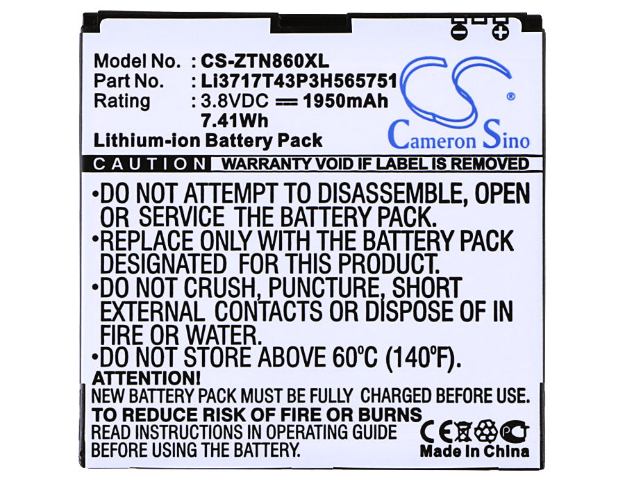 CS-ZTN860XL : Battery for ZTE U880, N880s, N855D and others - Replaces ZTE Li3717T43P3H565751, Li3717T43P3H565751-H