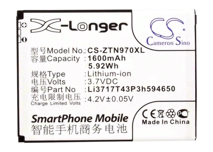 CS-ZTN970XL : Battery for SRF StarAddict 2 Plus - Replaces ZTE Li3716T42P3h594650, Li3717T43P3h494650, Li3717T43P3h594650