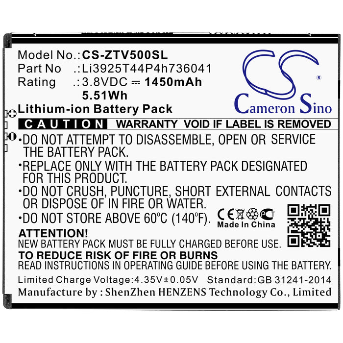 CS-ZTV500SL : Battery for ZTE Blade Vantage, Blade Vantage 5, VZW-Z839PP and others - Replaces ZTE Li3925T44P4h736041