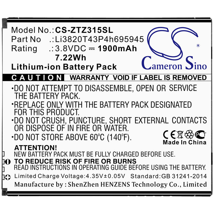CS-ZTZ315SL : Battery for ZTE Blade Vantage 2, Z3153, Z3153VPP and others - Replaces ZTE Li3820T43P4h695945