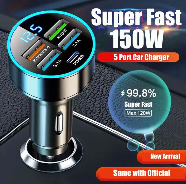 DC-USB-5 : 5-Port Car Charger for Phones, Tablets, GPS etc. 150W, with LED Voltmeter