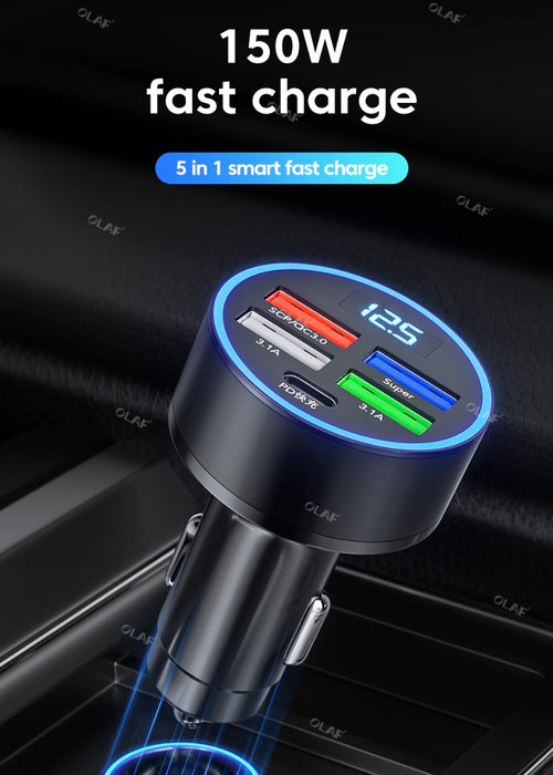 DC-USB-5 : 5-Port Car Charger for Phones, Tablets, GPS etc. 150W, with LED Voltmeter