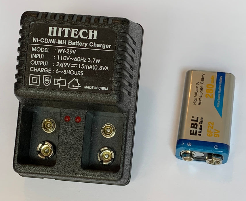 9v NiMH battery + Wall Charger.