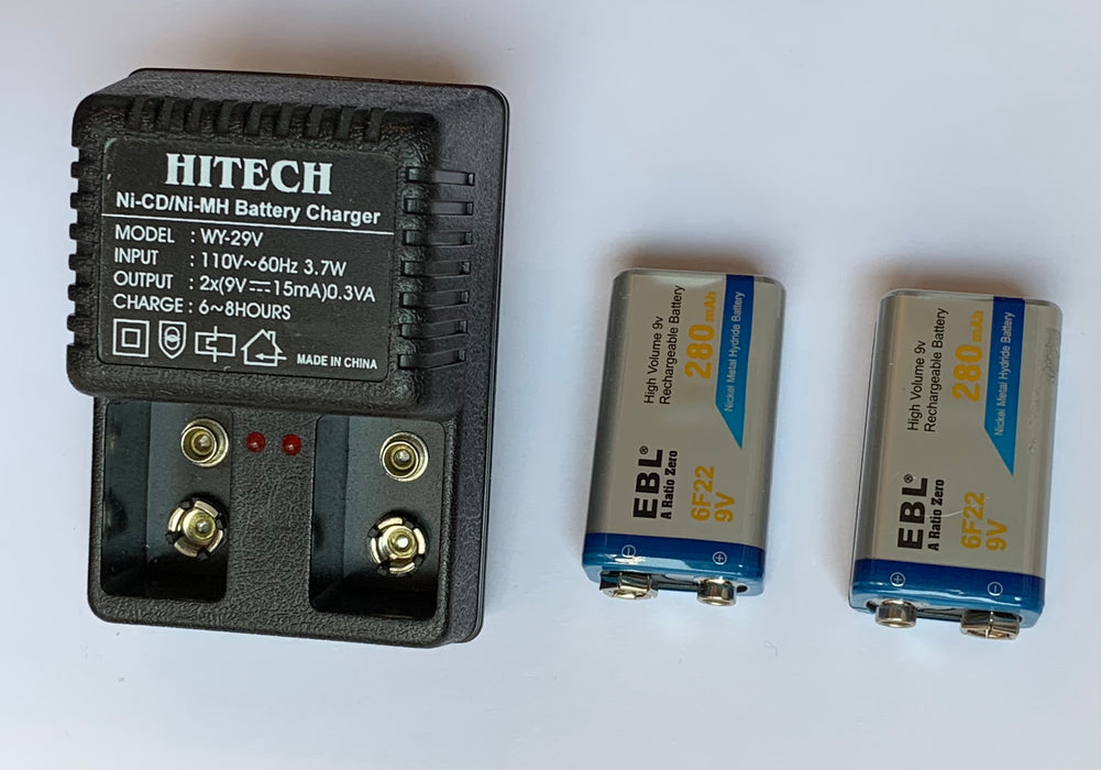 Two 9v NiMH batteries + Wall Charger.