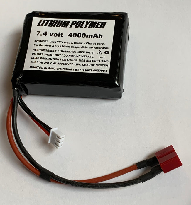 2S4000T : 7.4 volt 4000mAh Li-PO battery with Balance & red T connectors