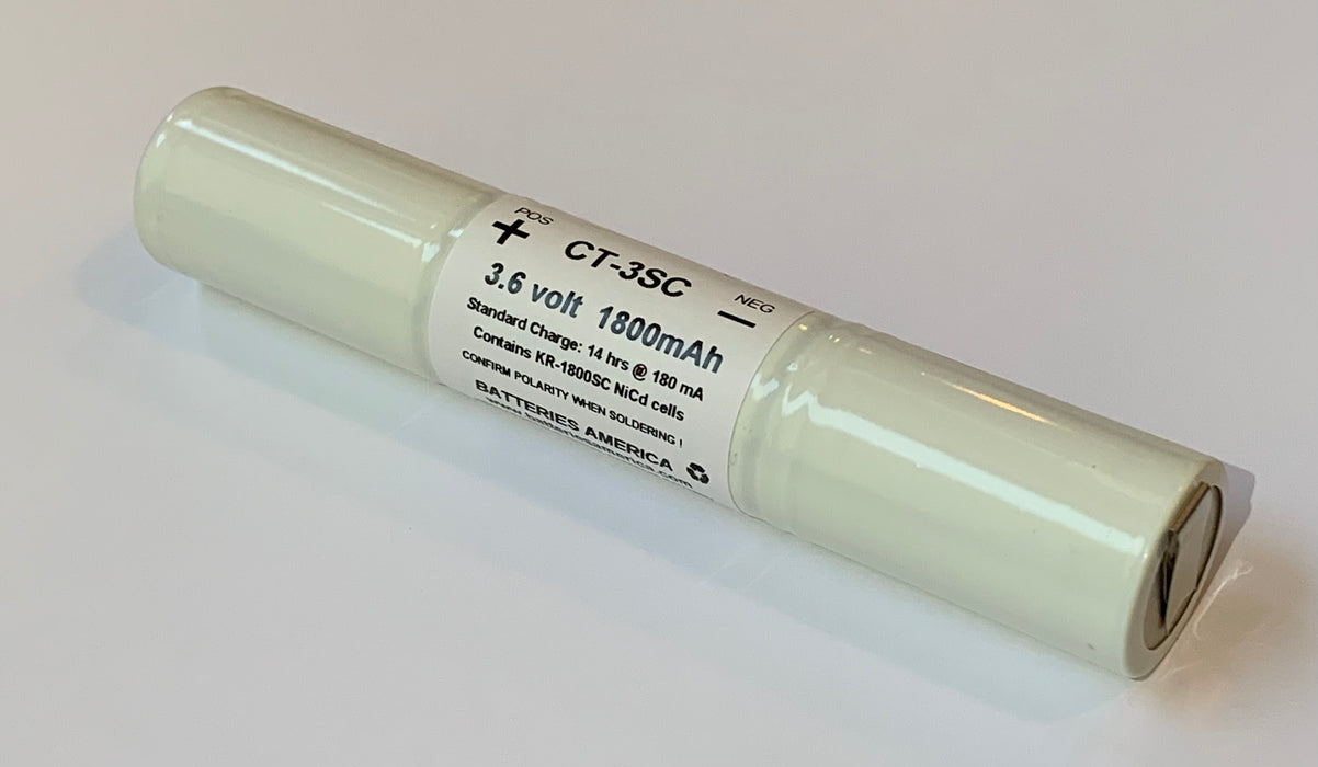 CT-3SC : 3.6 volt 1800mAh NiCd Sub-C Stick pack, with Solder Tabs