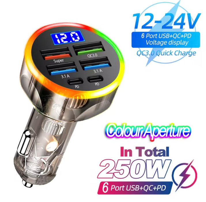 DC-USB-6: 6-Port Car Charger for Phones, Tablets, GPS etc. 150W, with LED Voltmeter