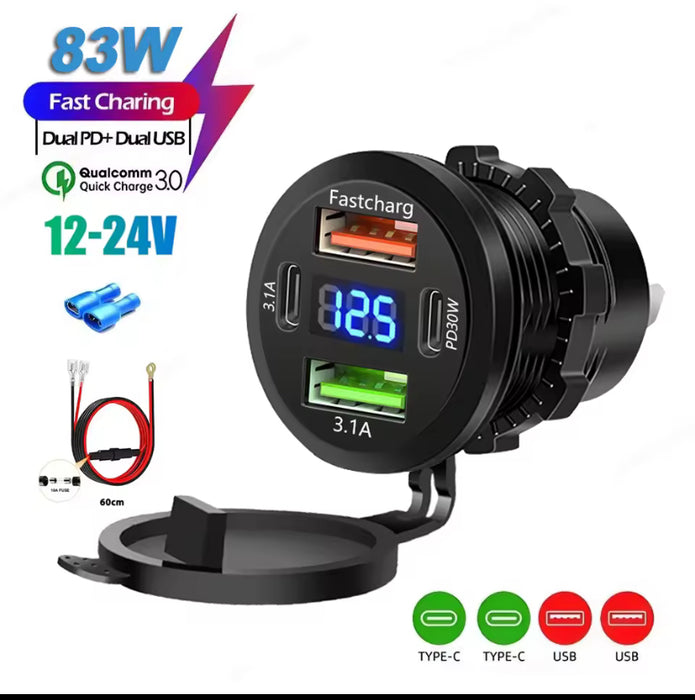 PM-2USB-PD-C : Panel Mount USB Charger with 2xQC3.0, 2xType C-PD, & Voltmeter