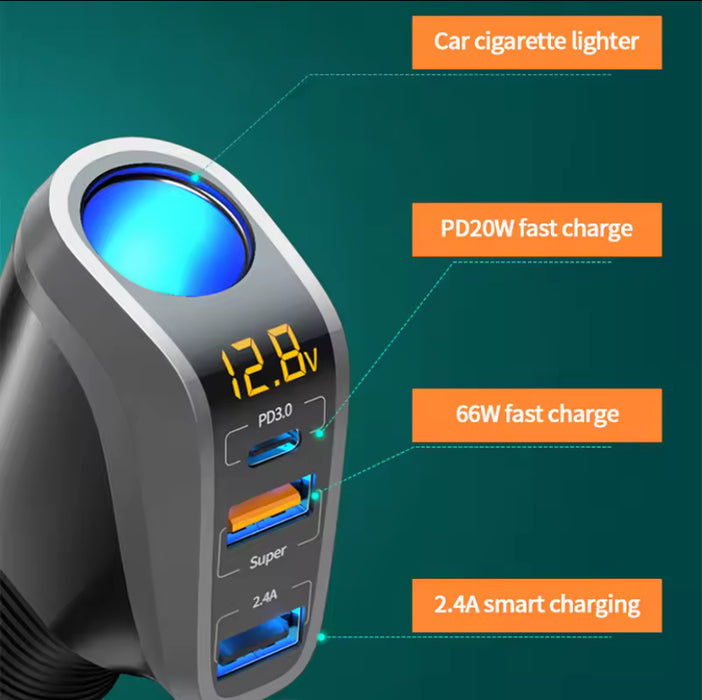 DY48TC : 3-Port 90W Mobile Charger, USB-A and Type C-PD outputs, with Voltmeter