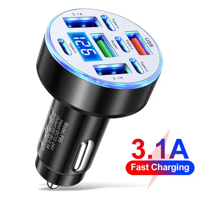 DC-USB-8P: 5-Port Car Charger for Phones, Tablets, GPS etc. 200W, with LED Voltmeter