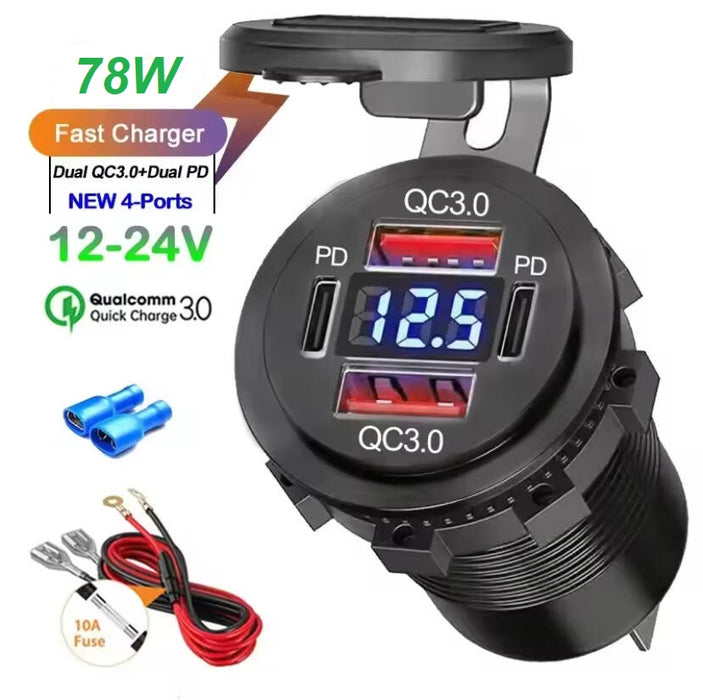 PM-2USB-2PD : Panel Mount USB Charger with 2xQC3.0, 2xType C-PD, & Voltmeter
