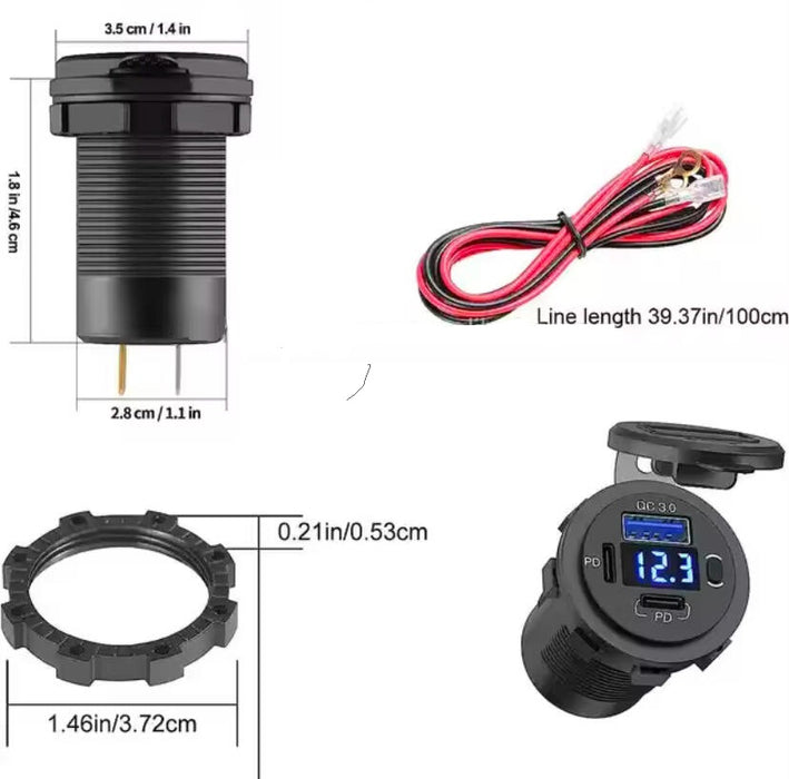 PM-QC3.0-PD : Panel Mount USB with QC3.0, PD, Voltmeter, & DC cables