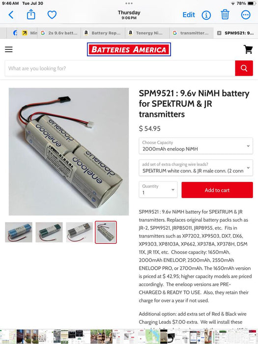 eneloop Tx 9.6v 2000mAh  -  RC transmitter battery. Choose Connector