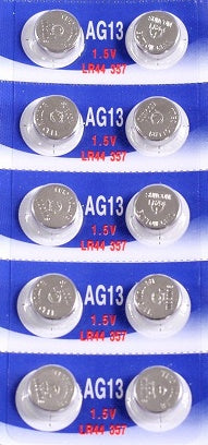 10-LR44 : 10 pcs of LR44 Alkaline Button cells 1.5 volt. X-ref 357, AG13, A76, L1154