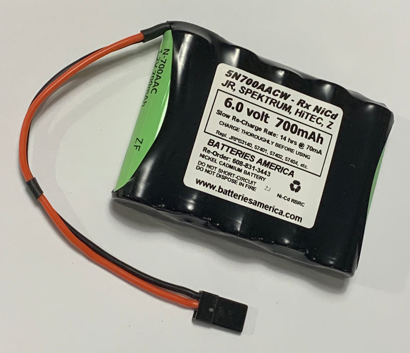 5N700AACW : 6.0 volt 700mAh AA rechargeable NiCd battery