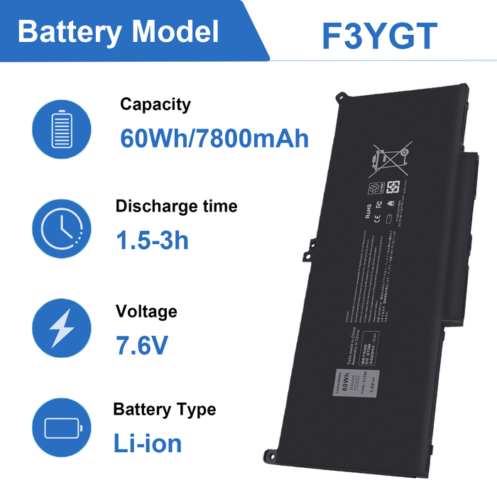 F3YGT : 7.6 volt 60Wh battery for Dell Latitude computers